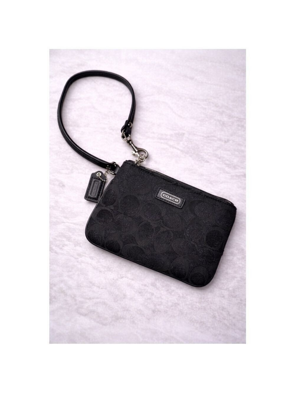 Coach Black Signature Jacquard Wristlet | Small Zip Pouch w/ Strap
